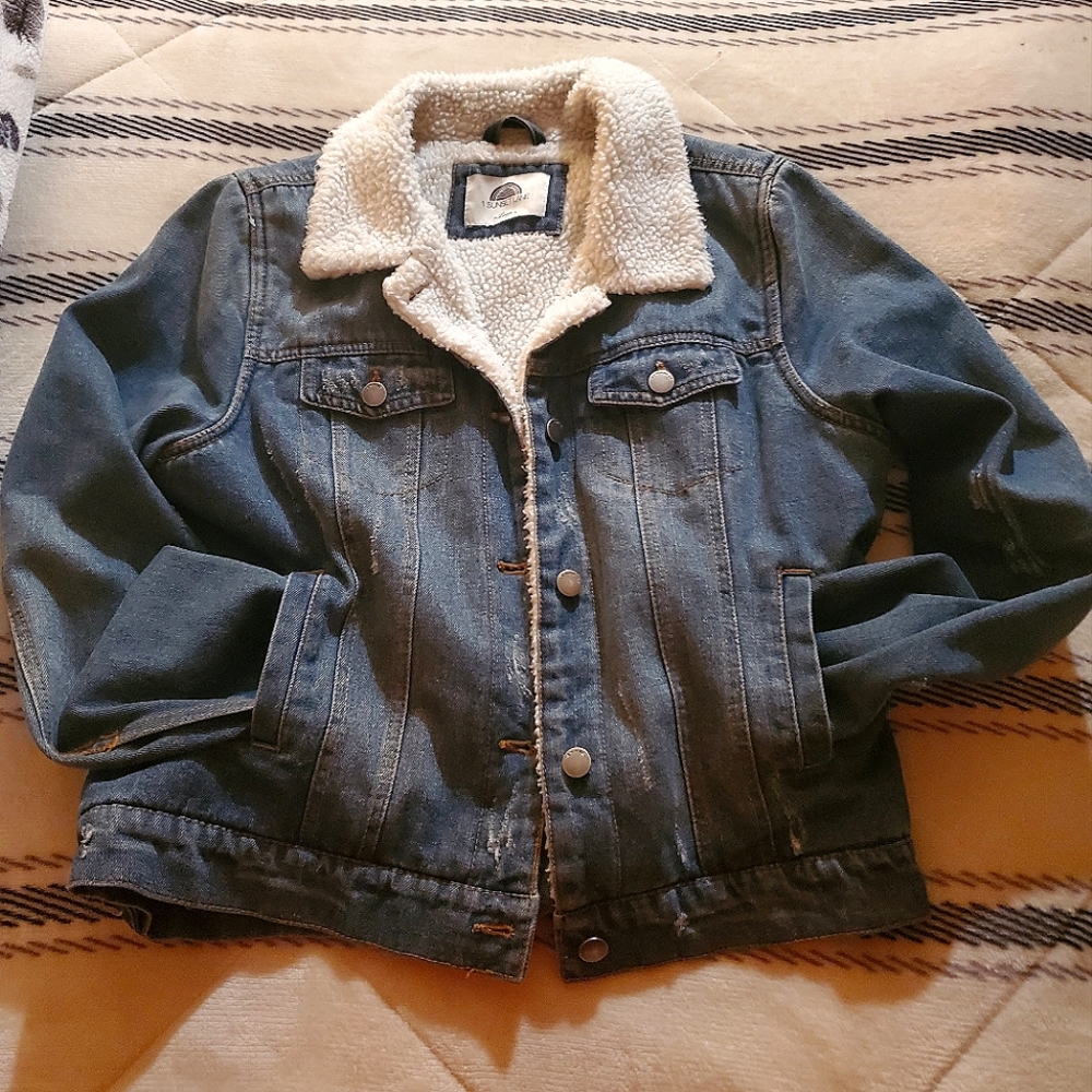 Denim fleece-lined bomber jacket